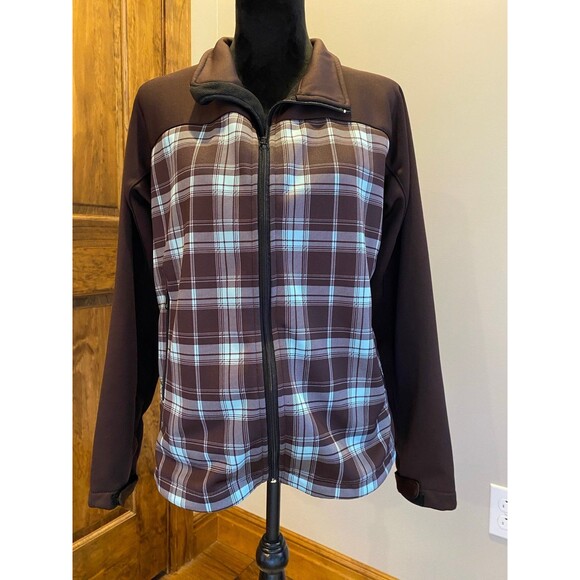 Marino Bay Jacket Sz XL Natural Zip Up Women’s Collared Brown Plaid Turquoise - Picture 2 of 12